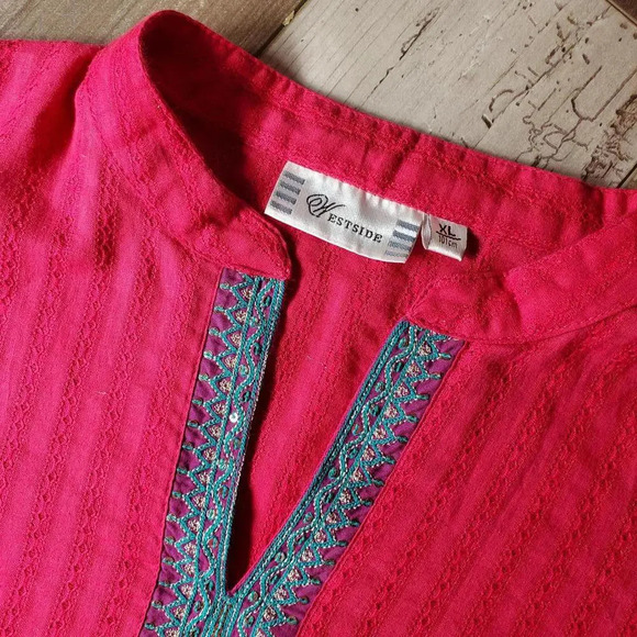 Beautiful Fuscia Cotton Kurti Tunic Sequin Embellished Women's Size XL 101cm - Picture 4 of 16